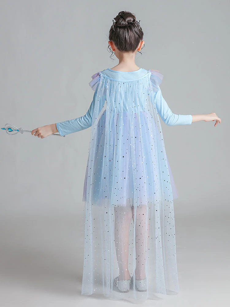 Light Blue Designed Neckline Polyester Sleeveless Short A-Line Polyester Cotton Tulle Sequins Kids Social Party Dresses - Image 2