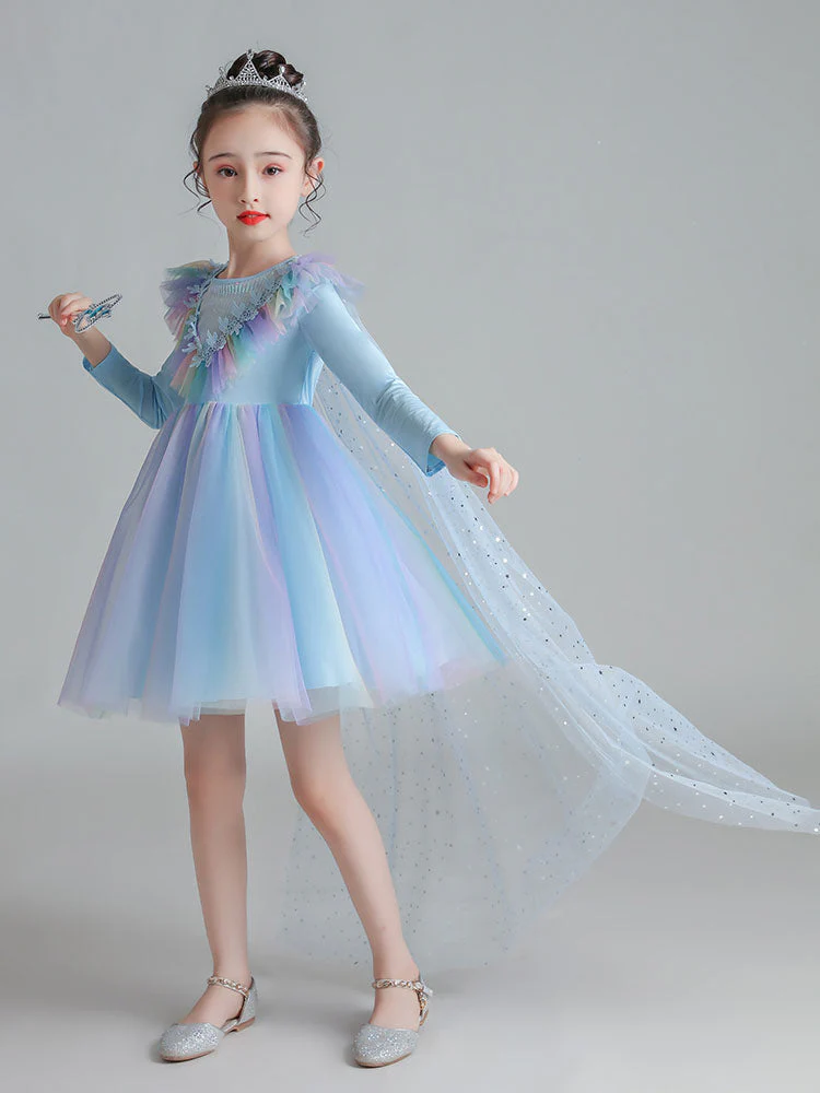 Light Blue Designed Neckline Polyester Sleeveless Short A-Line Polyester Cotton Tulle Sequins Kids Social Party Dresses - Image 3