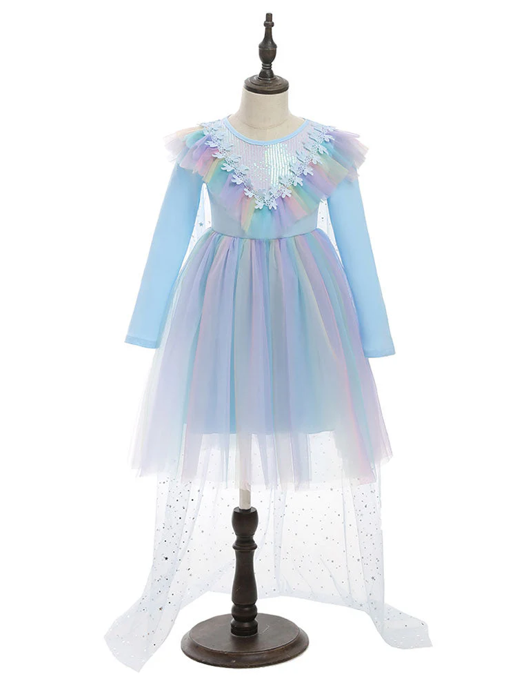 Light Blue Designed Neckline Polyester Sleeveless Short A-Line Polyester Cotton Tulle Sequins Kids Social Party Dresses - Image 4