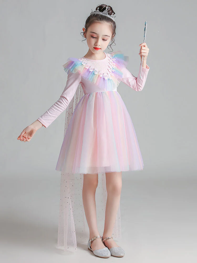 Light Blue Designed Neckline Polyester Sleeveless Short A-Line Polyester Cotton Tulle Sequins Kids Social Party Dresses - Image 5