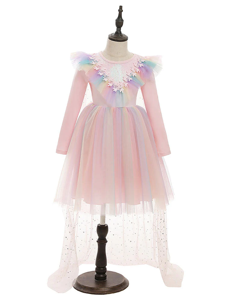 Light Blue Designed Neckline Polyester Sleeveless Short A-Line Polyester Cotton Tulle Sequins Kids Social Party Dresses - Image 6