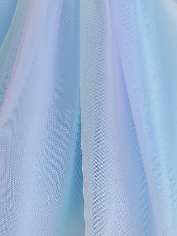Light Blue Designed Neckline Polyester Sleeveless Short A-Line Polyester Cotton Tulle Sequins Kids Social Party Dresses - Image 7