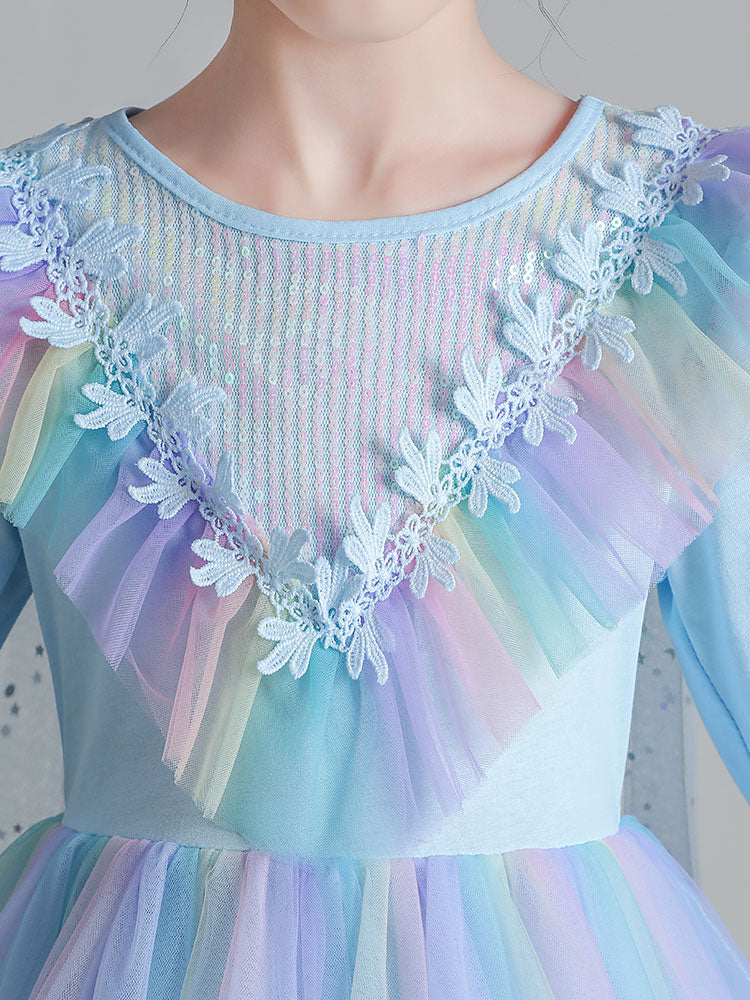 Light Blue Designed Neckline Polyester Sleeveless Short A-Line Polyester Cotton Tulle Sequins Kids Social Party Dresses - Image 8