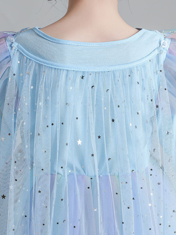 Light Blue Designed Neckline Polyester Sleeveless Short A-Line Polyester Cotton Tulle Sequins Kids Social Party Dresses - Image 9