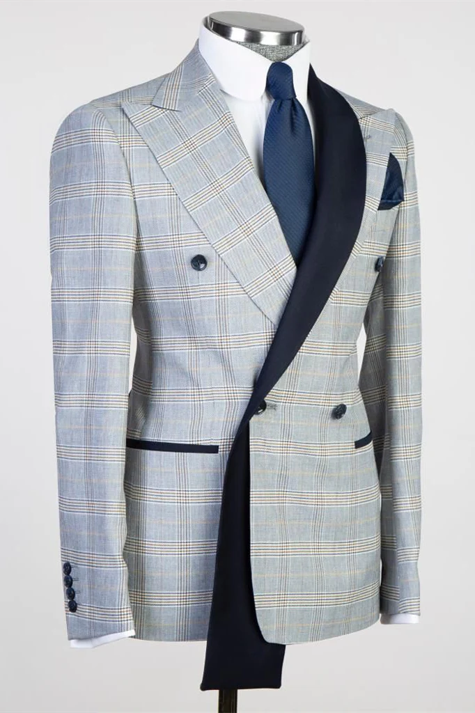 Light Blue Peaked Lapel Double-Breasted Plaid Prom Suit - Image 2