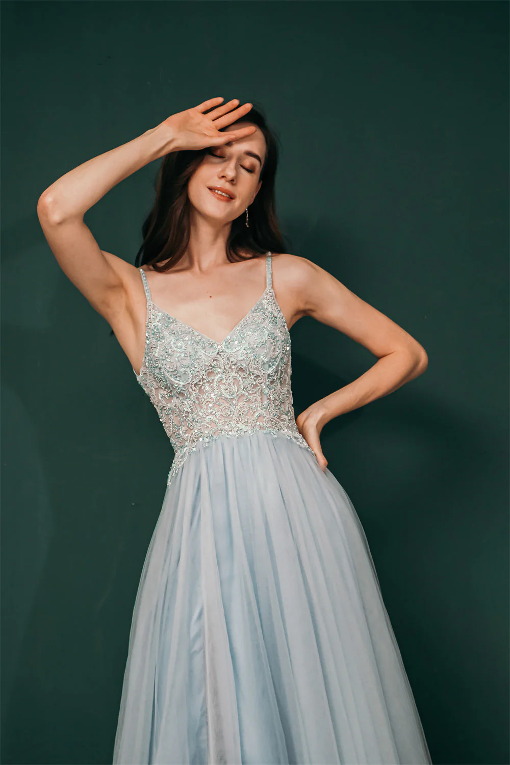 Light blue See-through Sparkle Appliques Prom Dress - Image 3