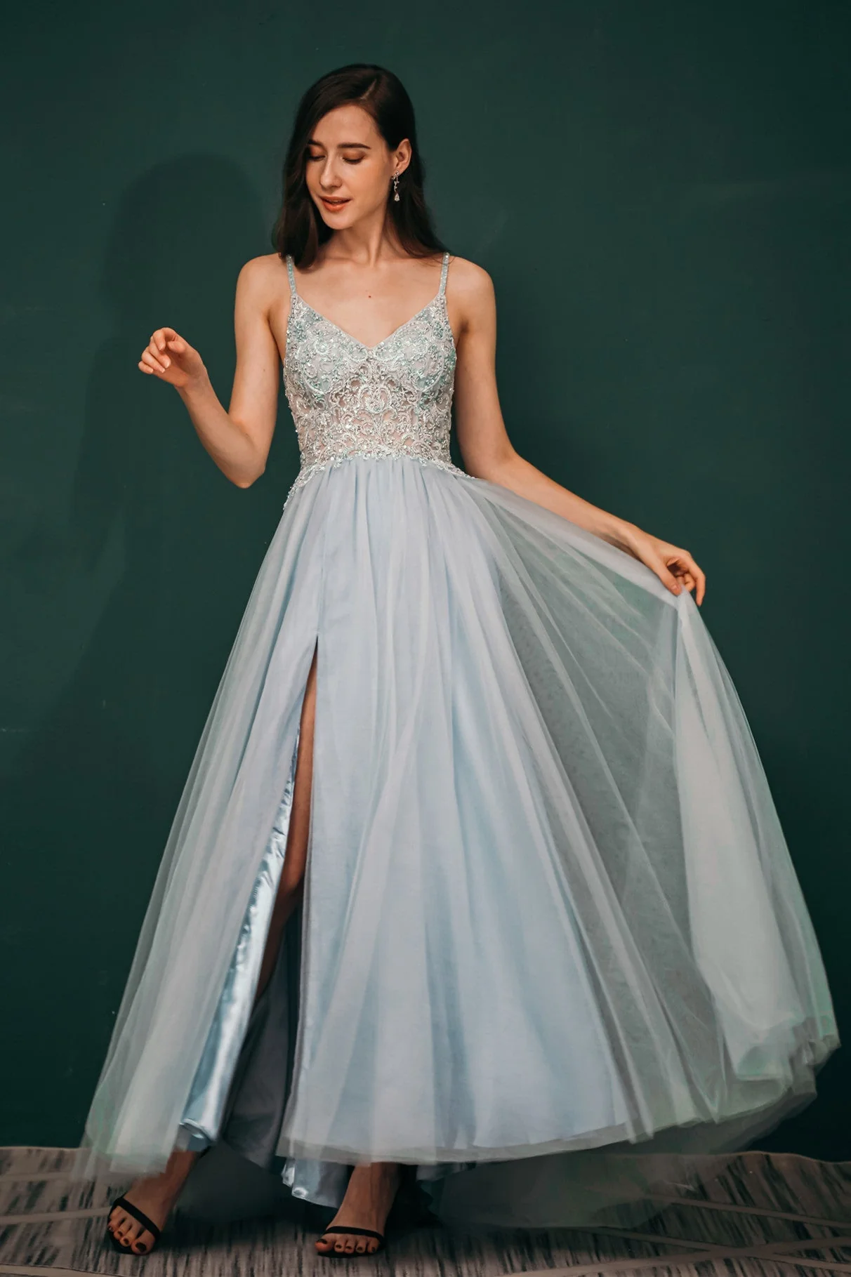 Light blue See-through Sparkle Appliques Prom Dress - Image 4