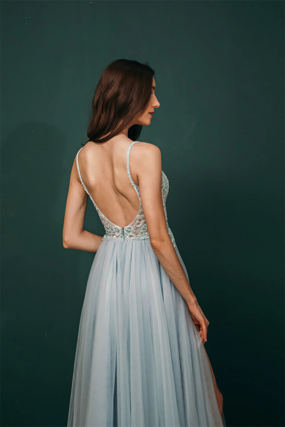 Light blue See-through Sparkle Appliques Prom Dress - Image 5