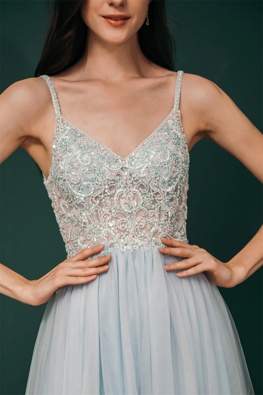 Light blue See-through Sparkle Appliques Prom Dress - Image 6