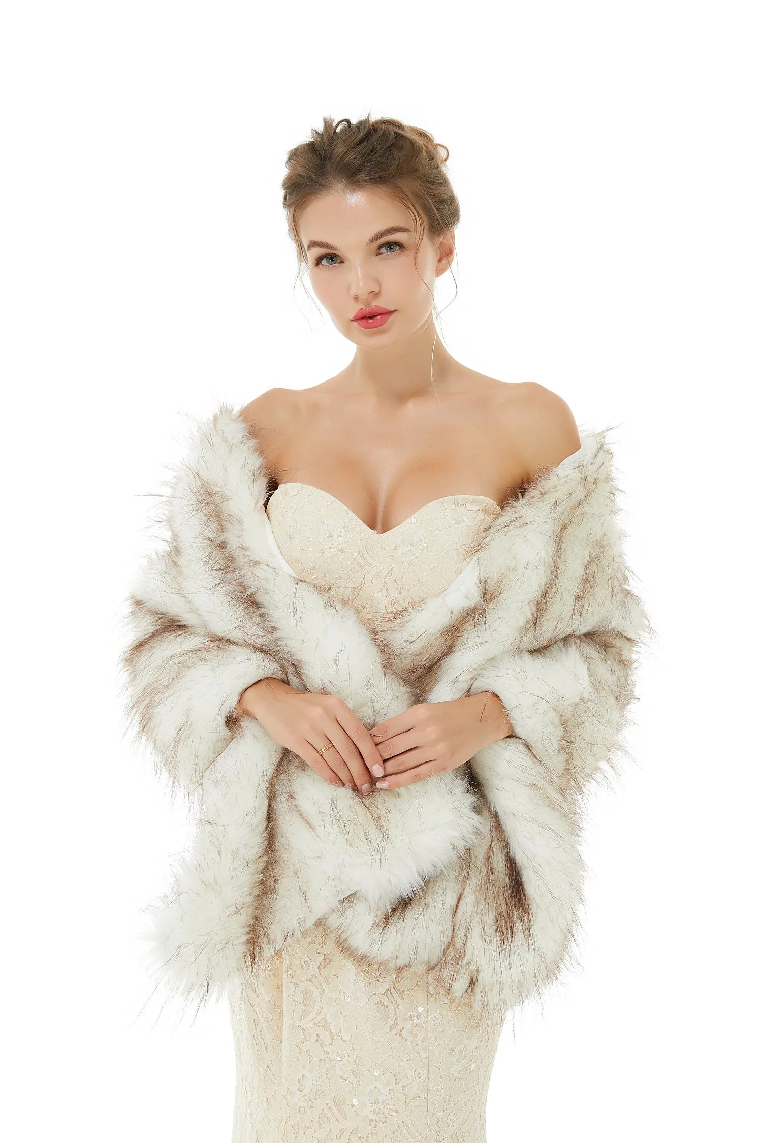 Light Brown Wedding Wrap Faux Fur Sleeveless Open Front Bridal Shawl - Image 3