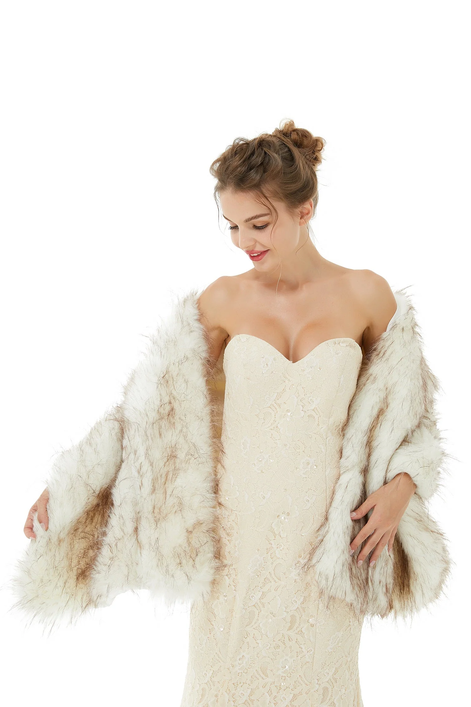 Light Brown Wedding Wrap Faux Fur Sleeveless Open Front Bridal Shawl - Image 4