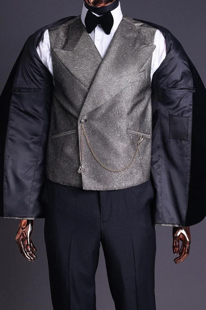 Light Champagne 3-Piece Black Velvet Lapel Men's Suit - Image 2