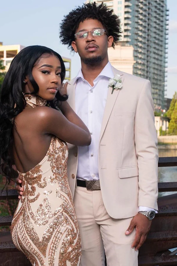 Light Champagne Notched Lapel Two-Button Prom Suit with Flaps - Image 2