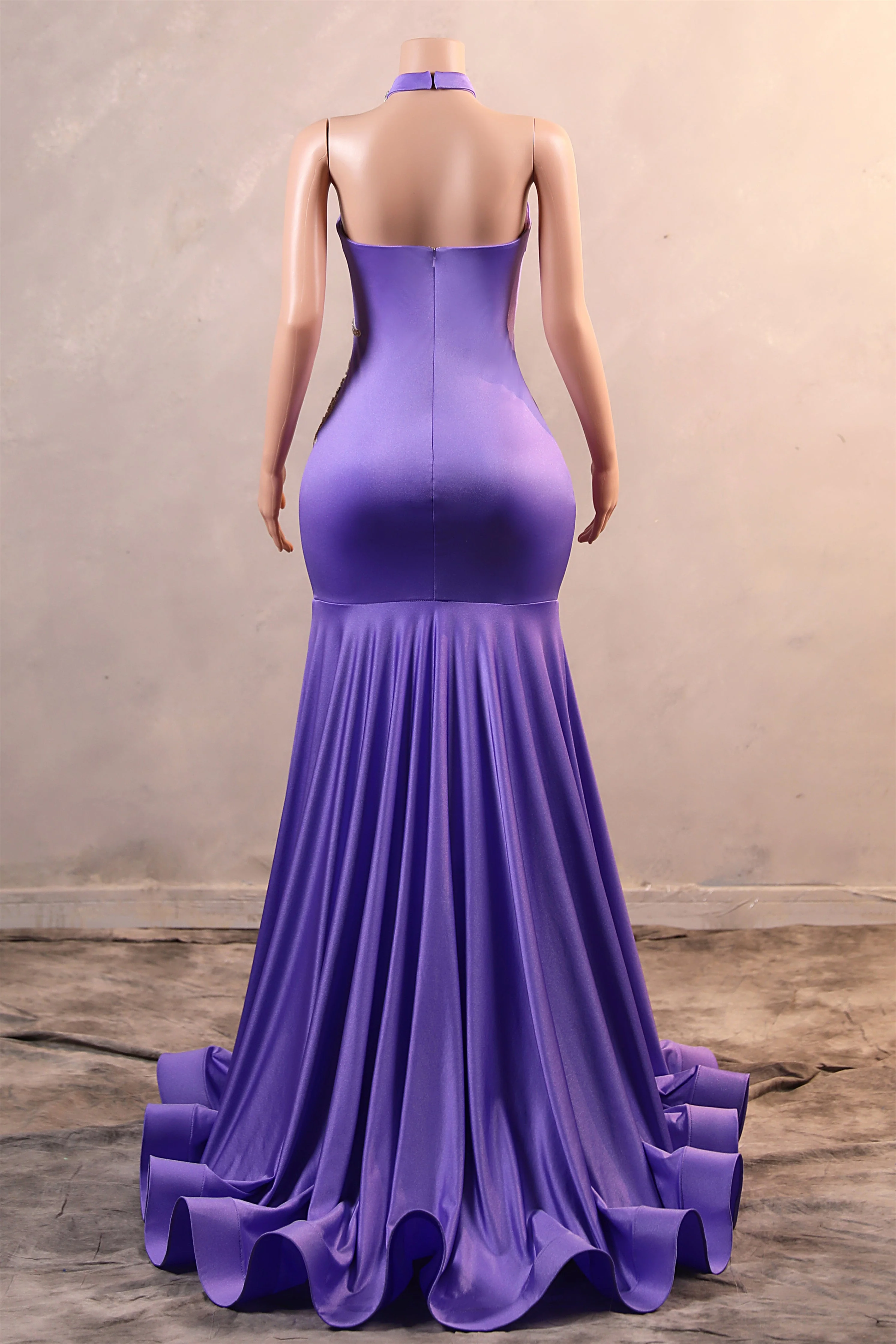 Lilac High neck Silver Applqiues Mermaid Satin Prom Dresses - Image 2