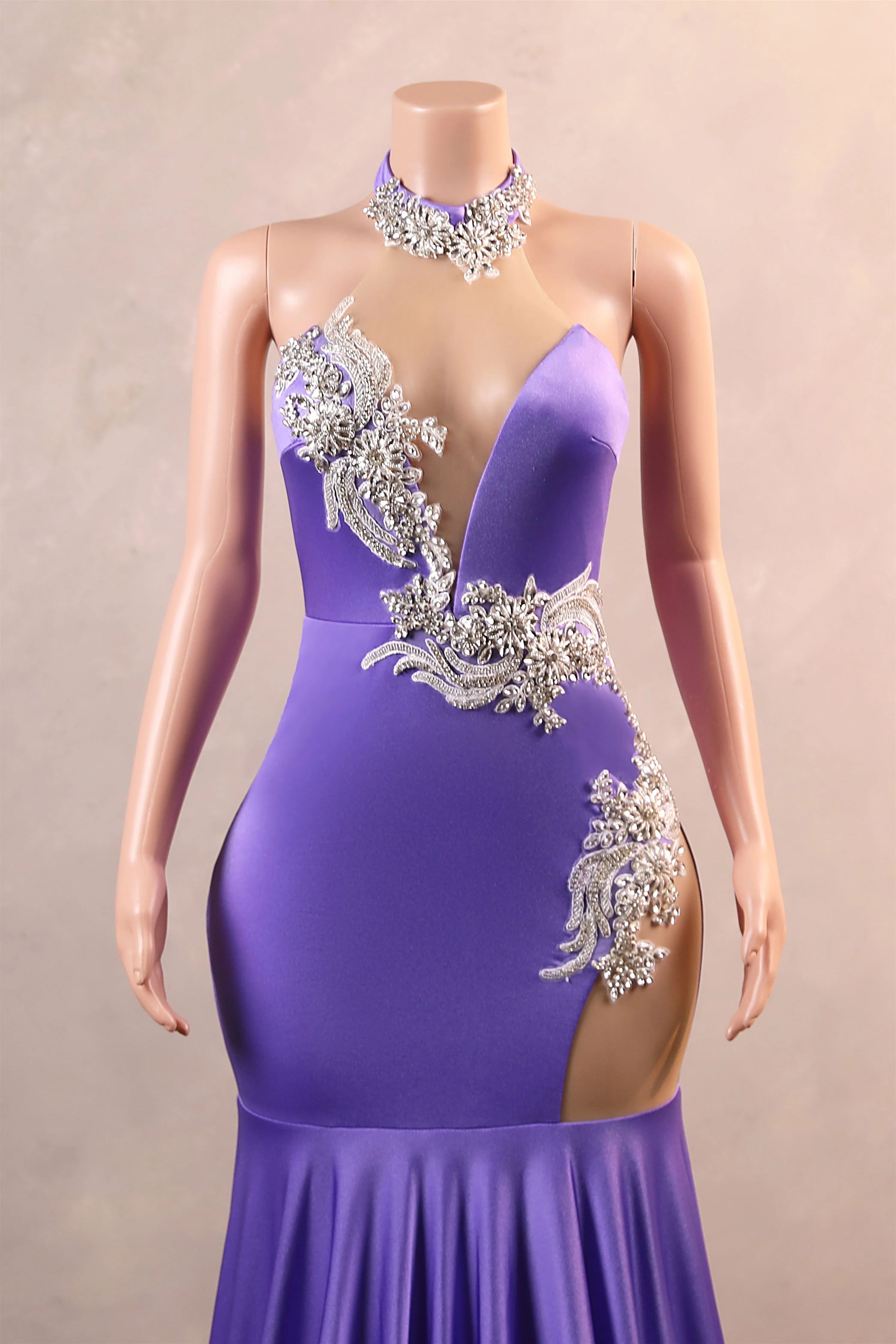 Lilac High neck Silver Applqiues Mermaid Satin Prom Dresses - Image 3