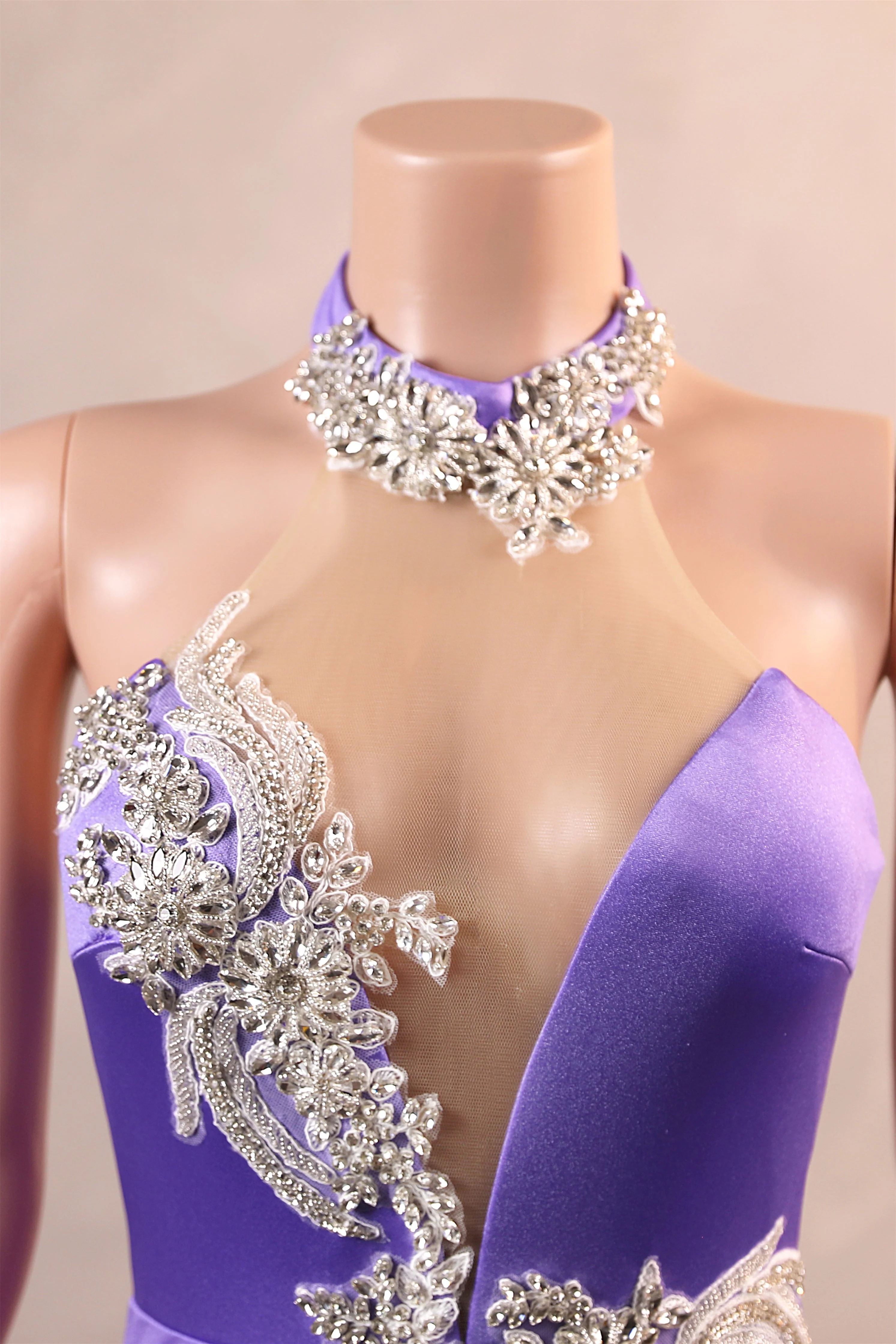 Lilac High neck Silver Applqiues Mermaid Satin Prom Dresses - Image 4