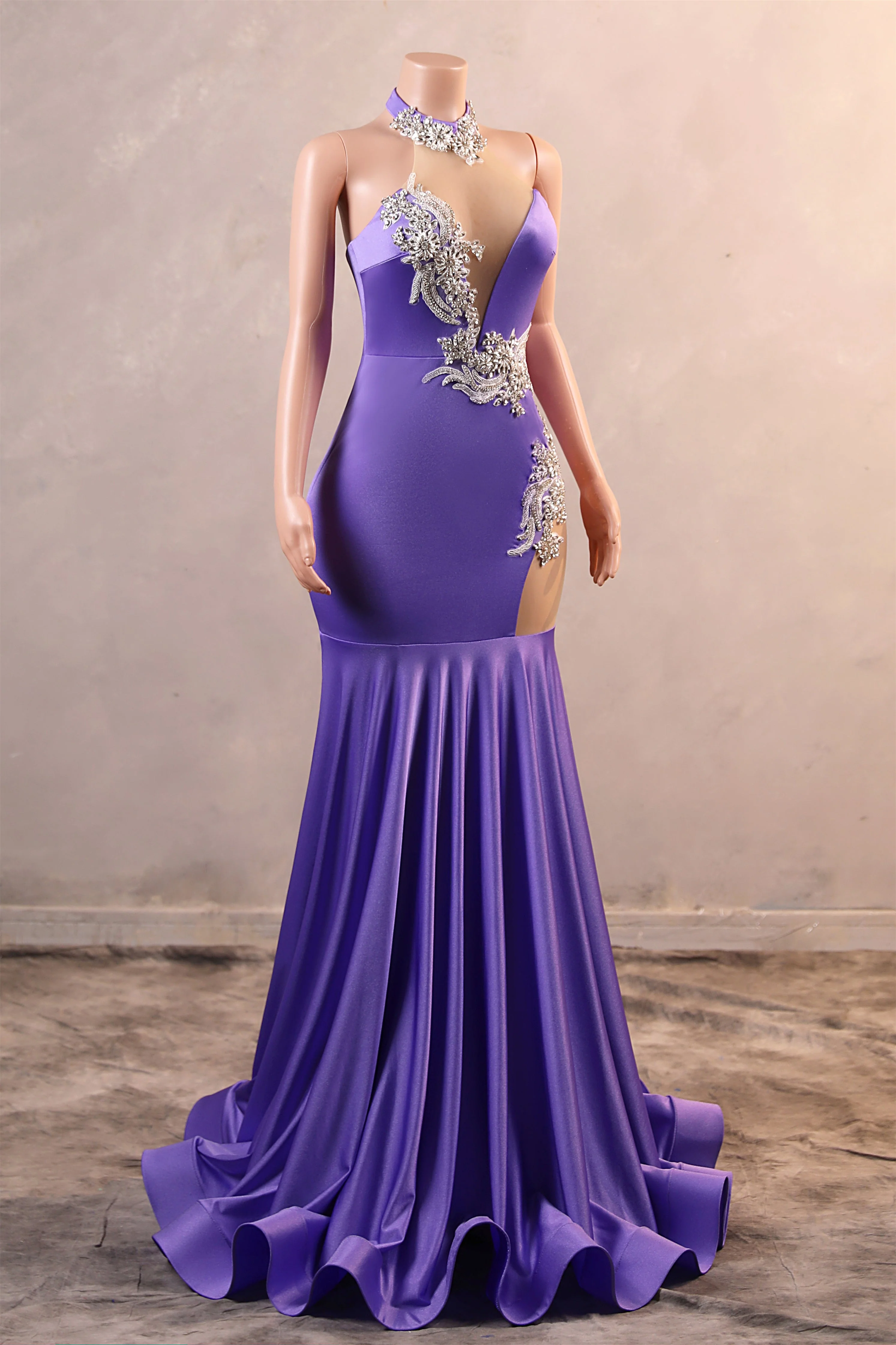 Lilac High neck Silver Applqiues Mermaid Satin Prom Dresses - Image 6