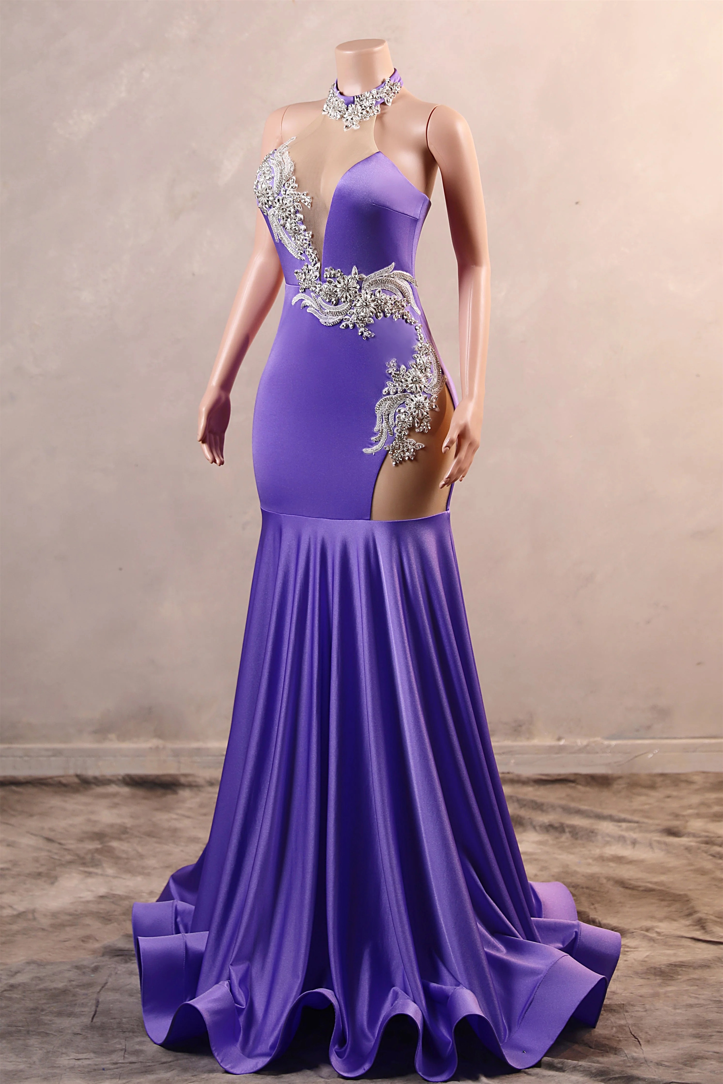 Lilac High neck Silver Applqiues Mermaid Satin Prom Dresses - Image 7