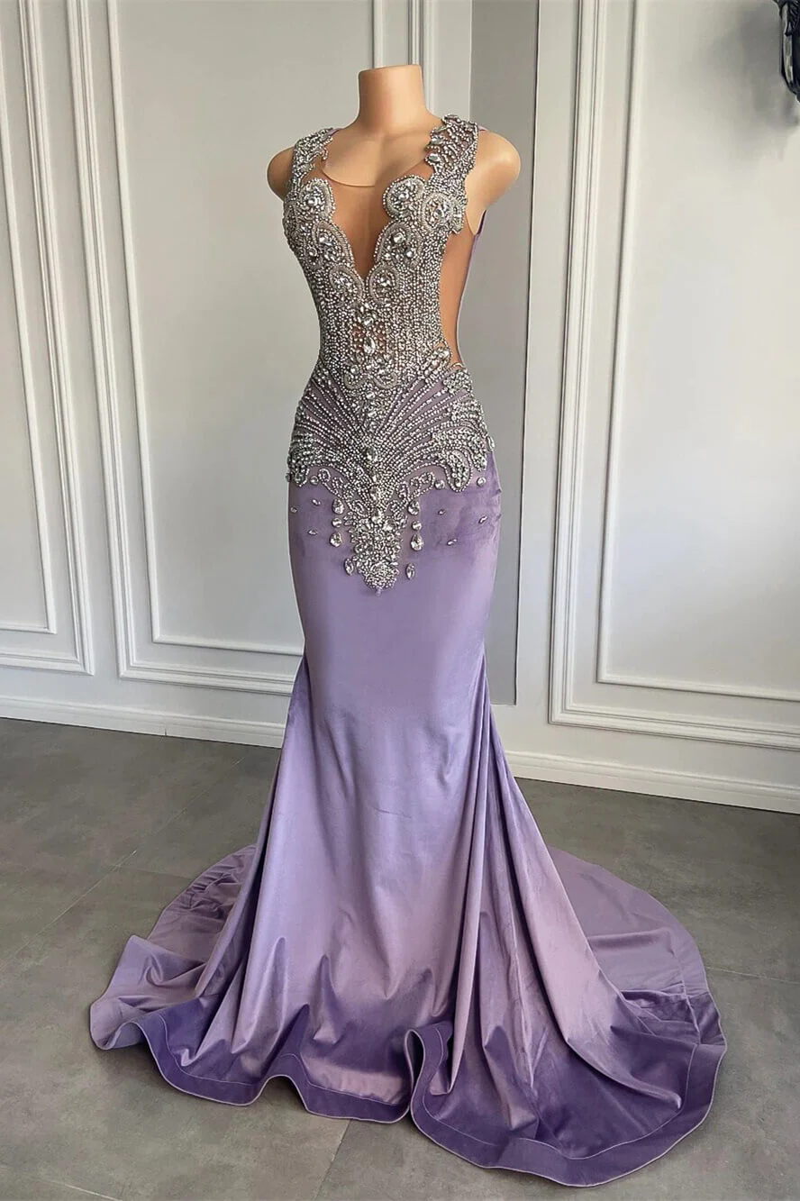 Lilac Mermaid Prom Dress with Scoop Neckline Sleeveless and Crystal Beadings - Image 2