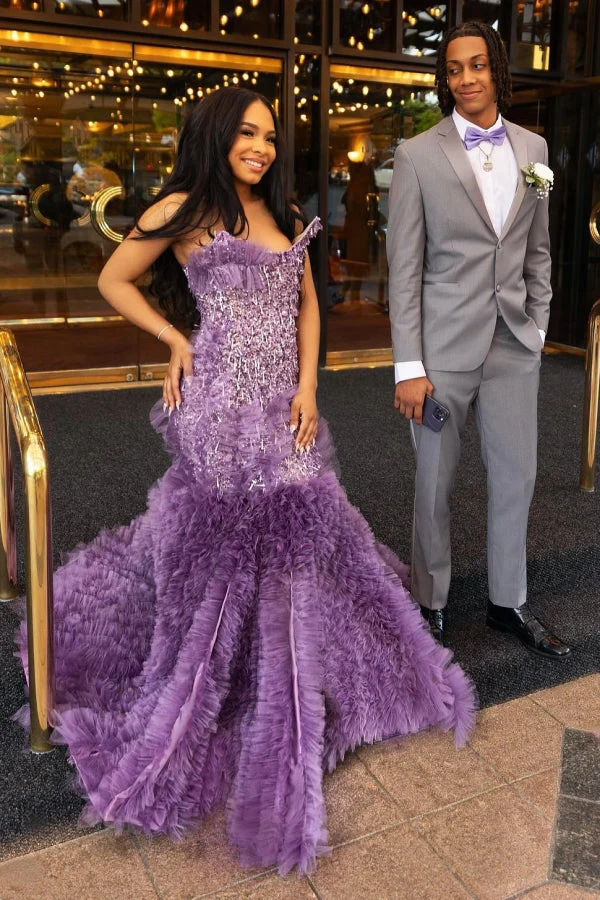 Lilac Modern One Shoulder Ruffles Front Slit Prom Dress - Image 2