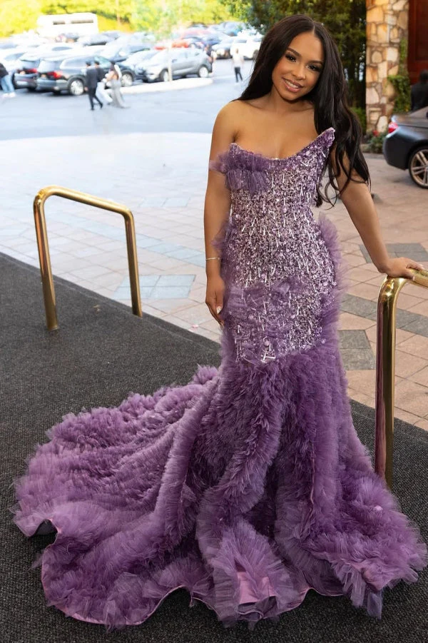 Lilac Modern One Shoulder Ruffles Front Slit Prom Dress - Image 3
