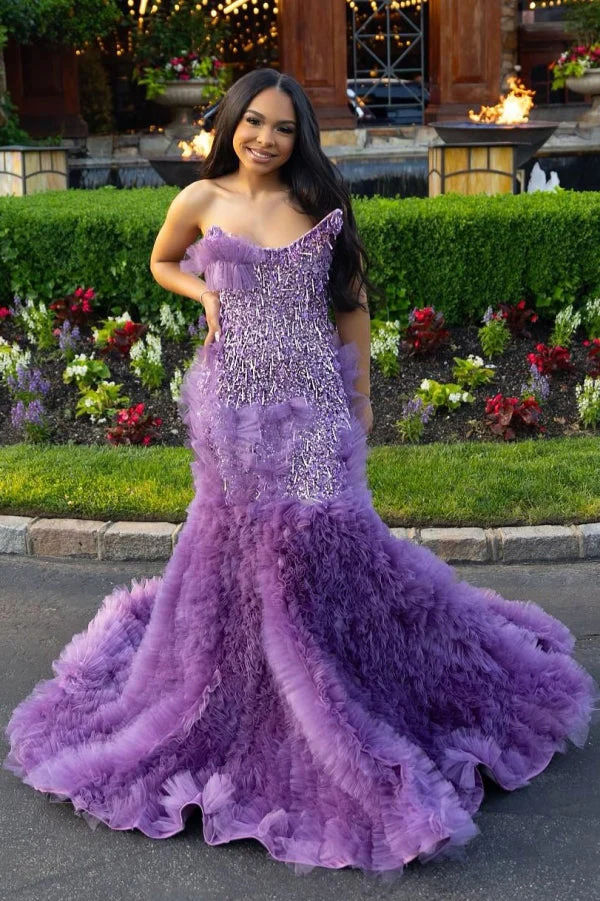 Lilac Modern One Shoulder Ruffles Front Slit Prom Dress - Image 4