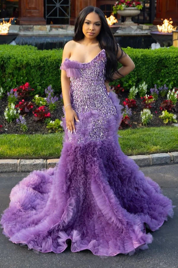 Lilac Modern One Shoulder Ruffles Front Slit Prom Dress - Image 5