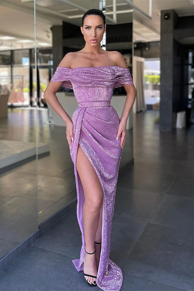 Lilac Off-the-Shoulder Sequins Prom Dress Long With Slit - Image 2