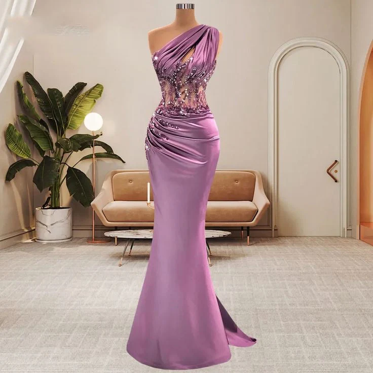 Lilac One Shoulder Mermaid Prom Dress with Beads - Image 2