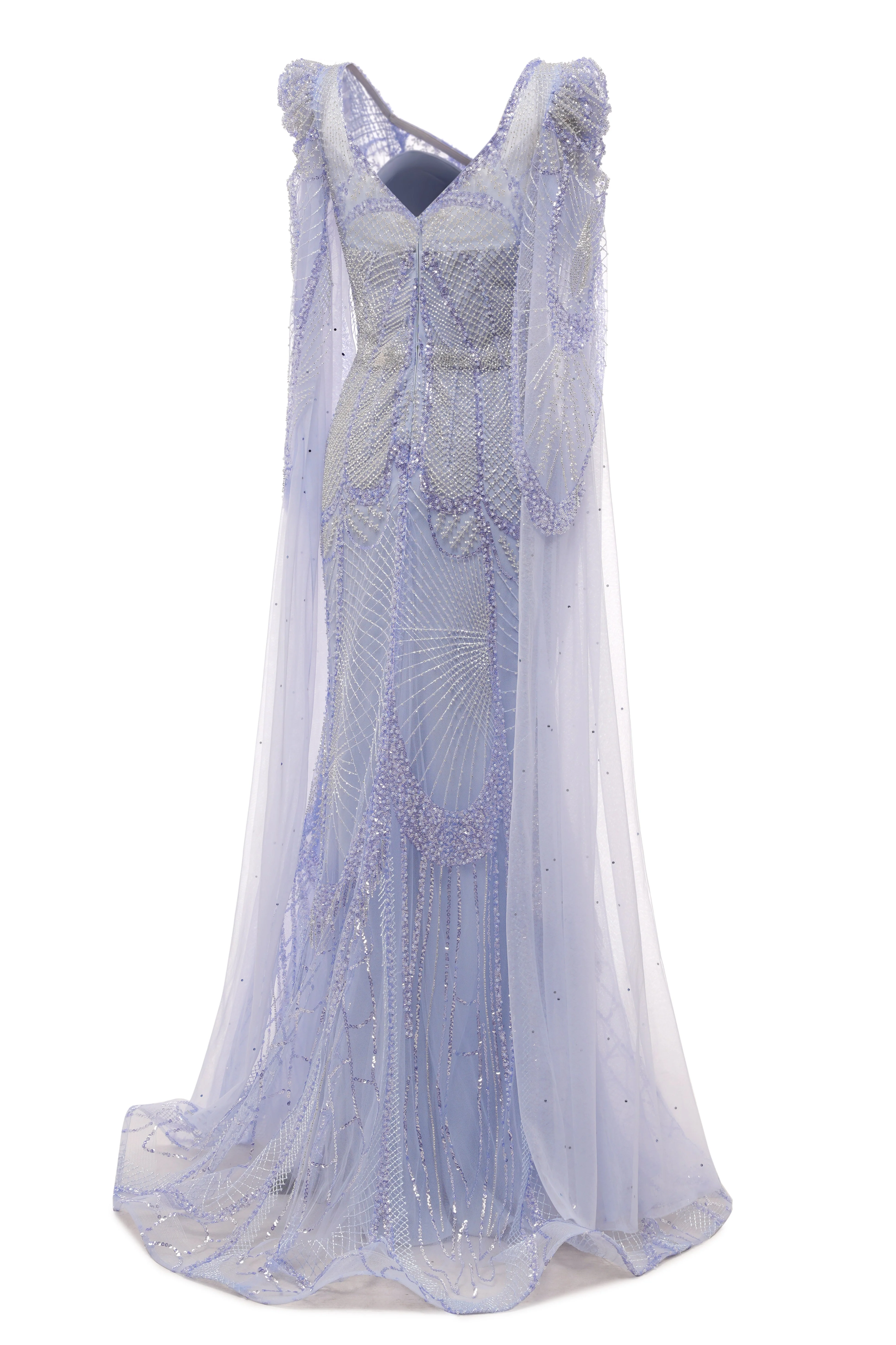 Lilac Tulle Beaded V-neck Mermaid Tulle Evening Dresses - Image 2
