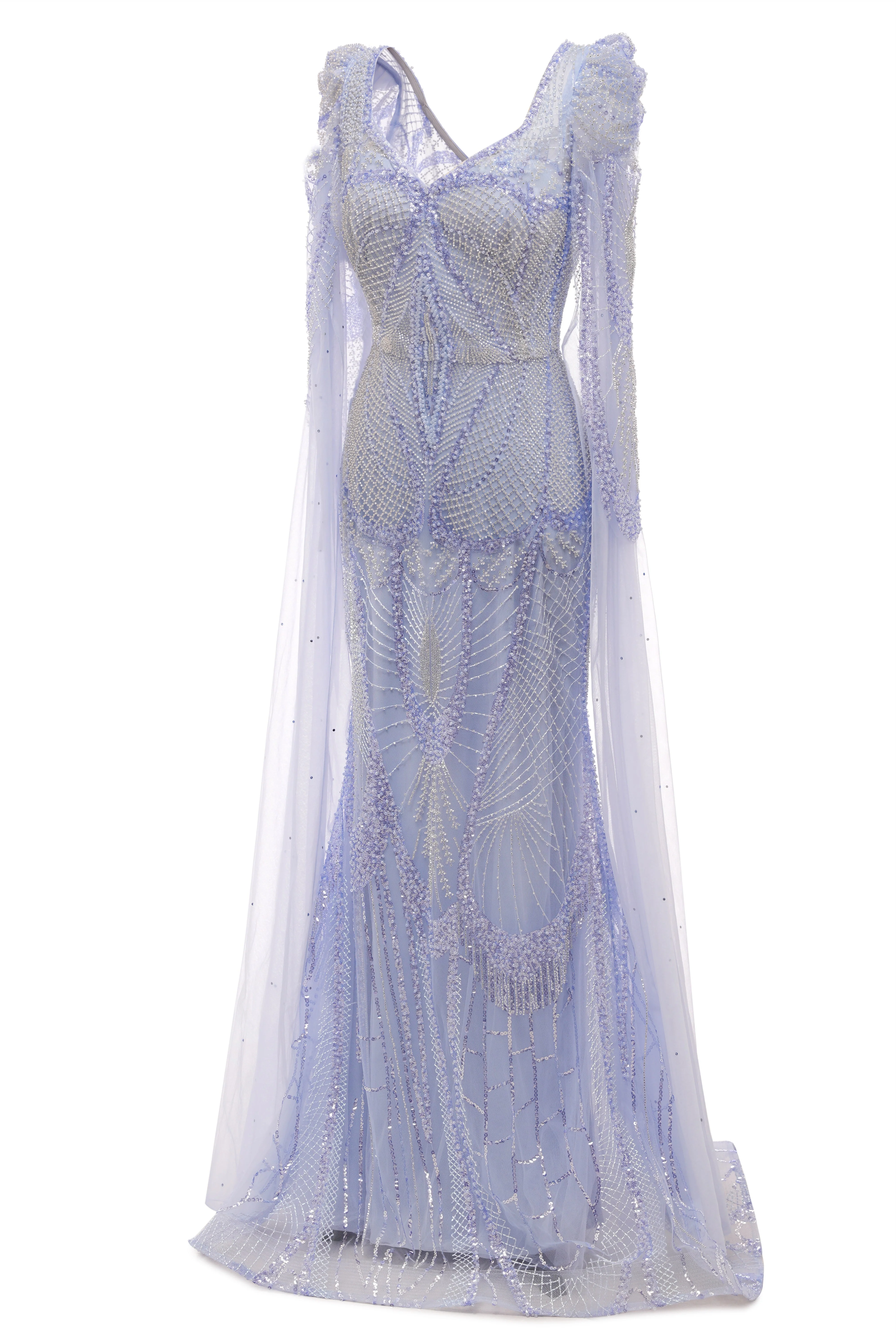 Lilac Tulle Beaded V-neck Mermaid Tulle Evening Dresses - Image 3