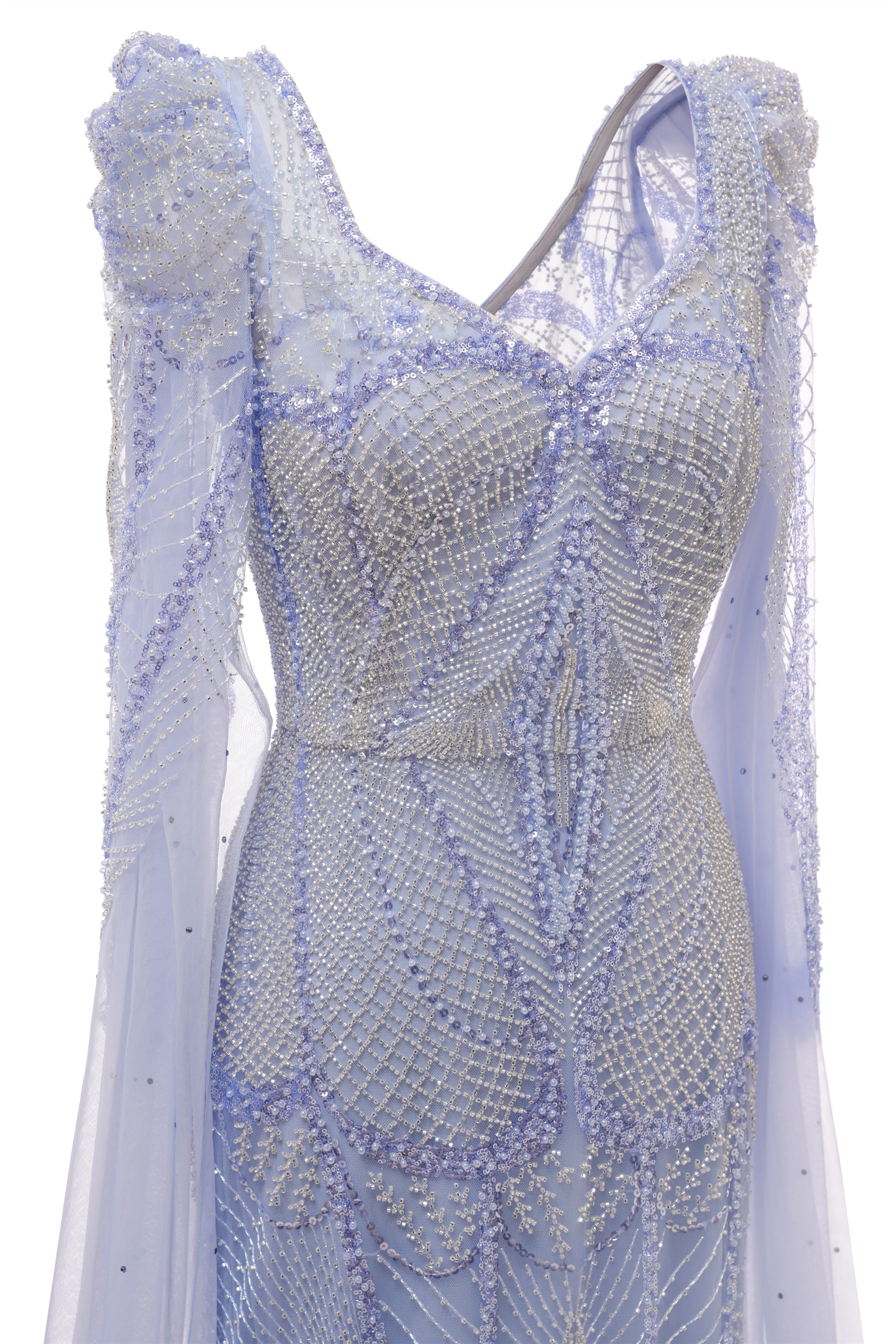Lilac Tulle Beaded V-neck Mermaid Tulle Evening Dresses - Image 4
