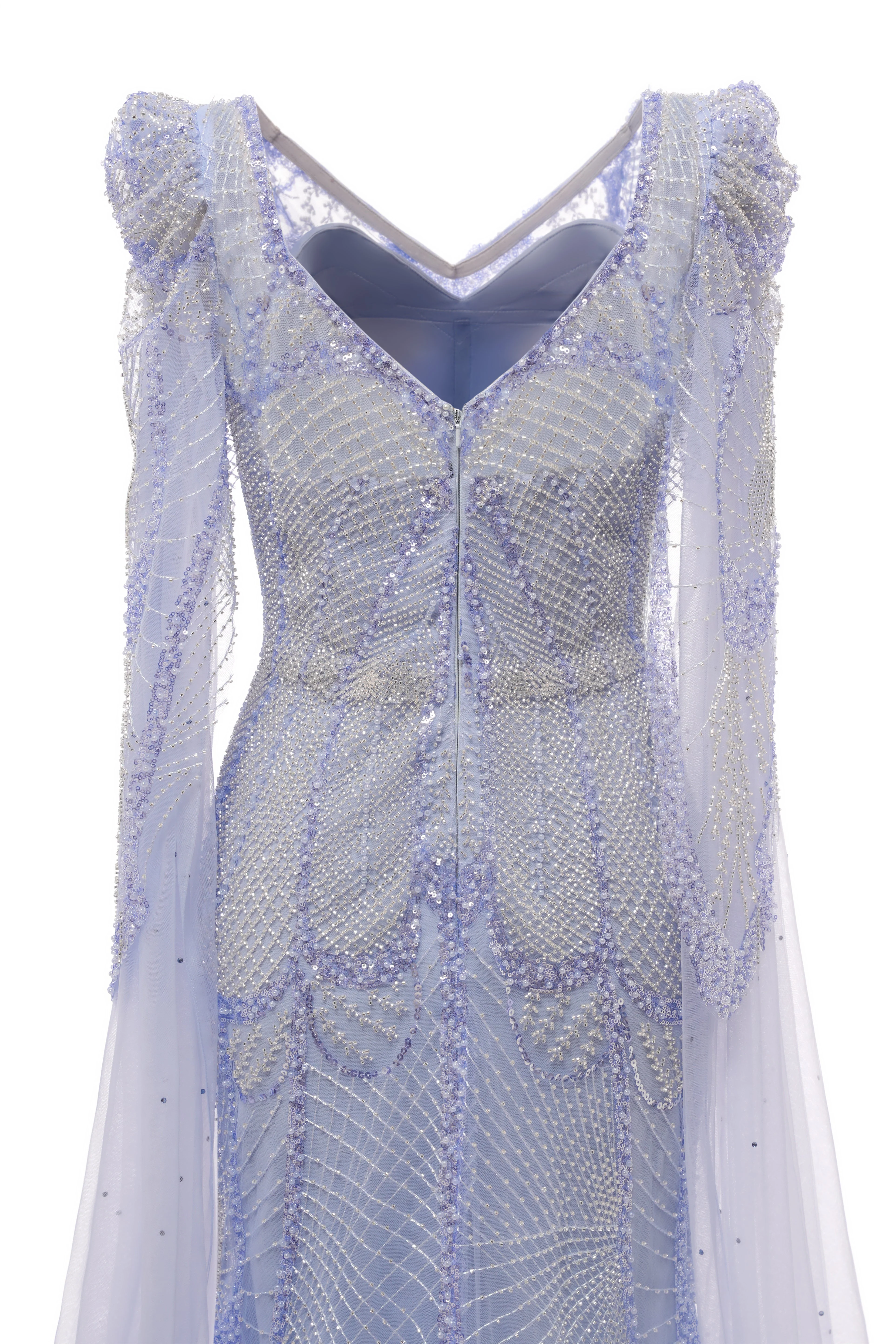 Lilac Tulle Beaded V-neck Mermaid Tulle Evening Dresses - Image 5
