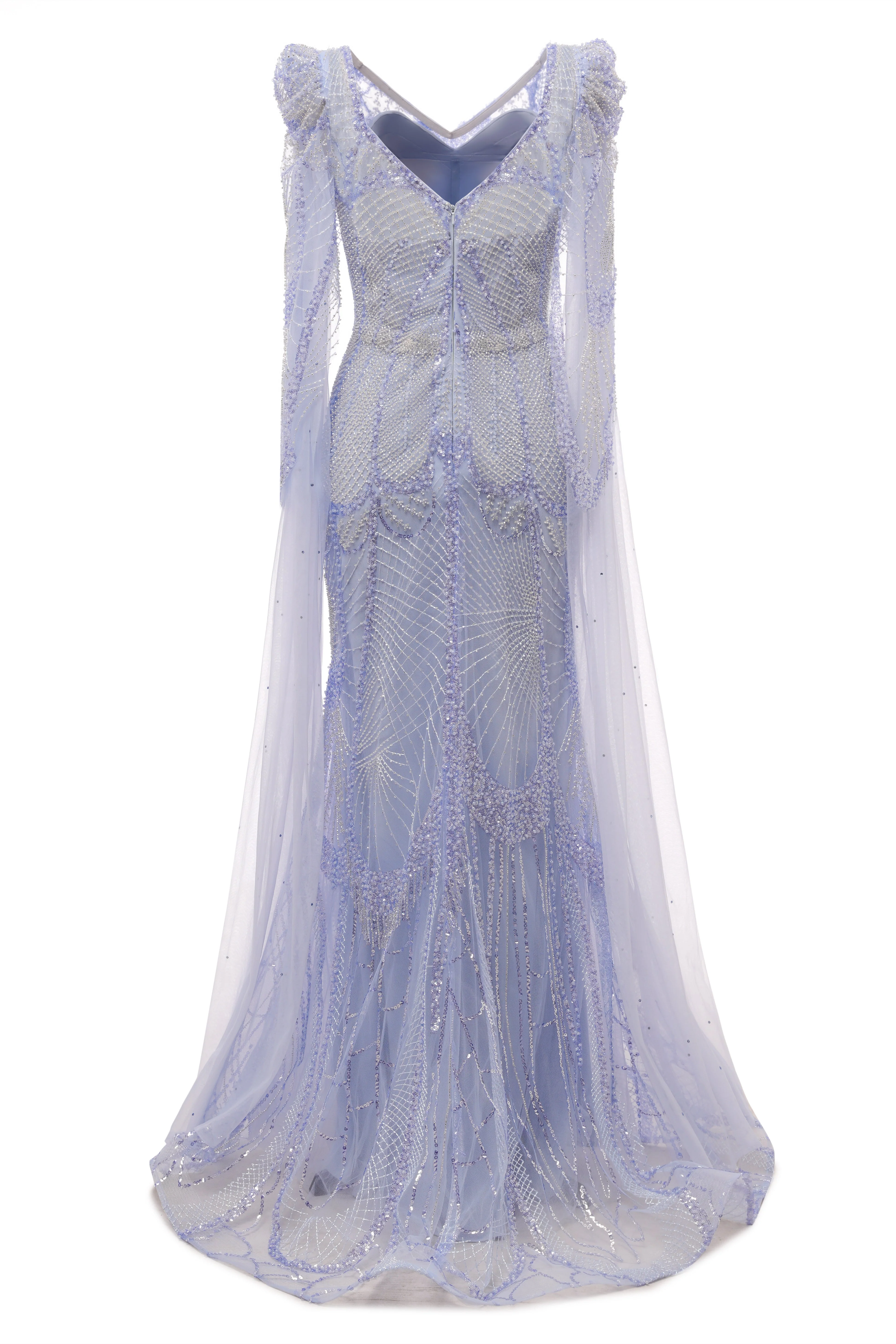 Lilac Tulle Beaded V-neck Mermaid Tulle Evening Dresses - Image 6