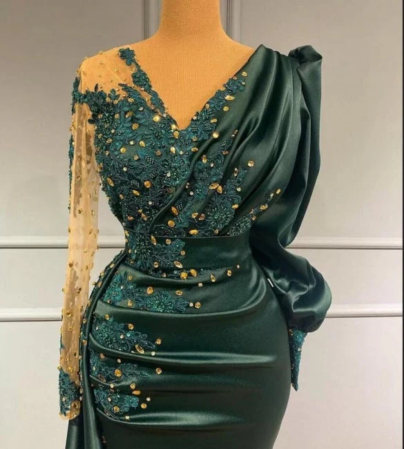 Long Dark Green Elegant Mermaid Prom Dress with Sleeves - Image 2