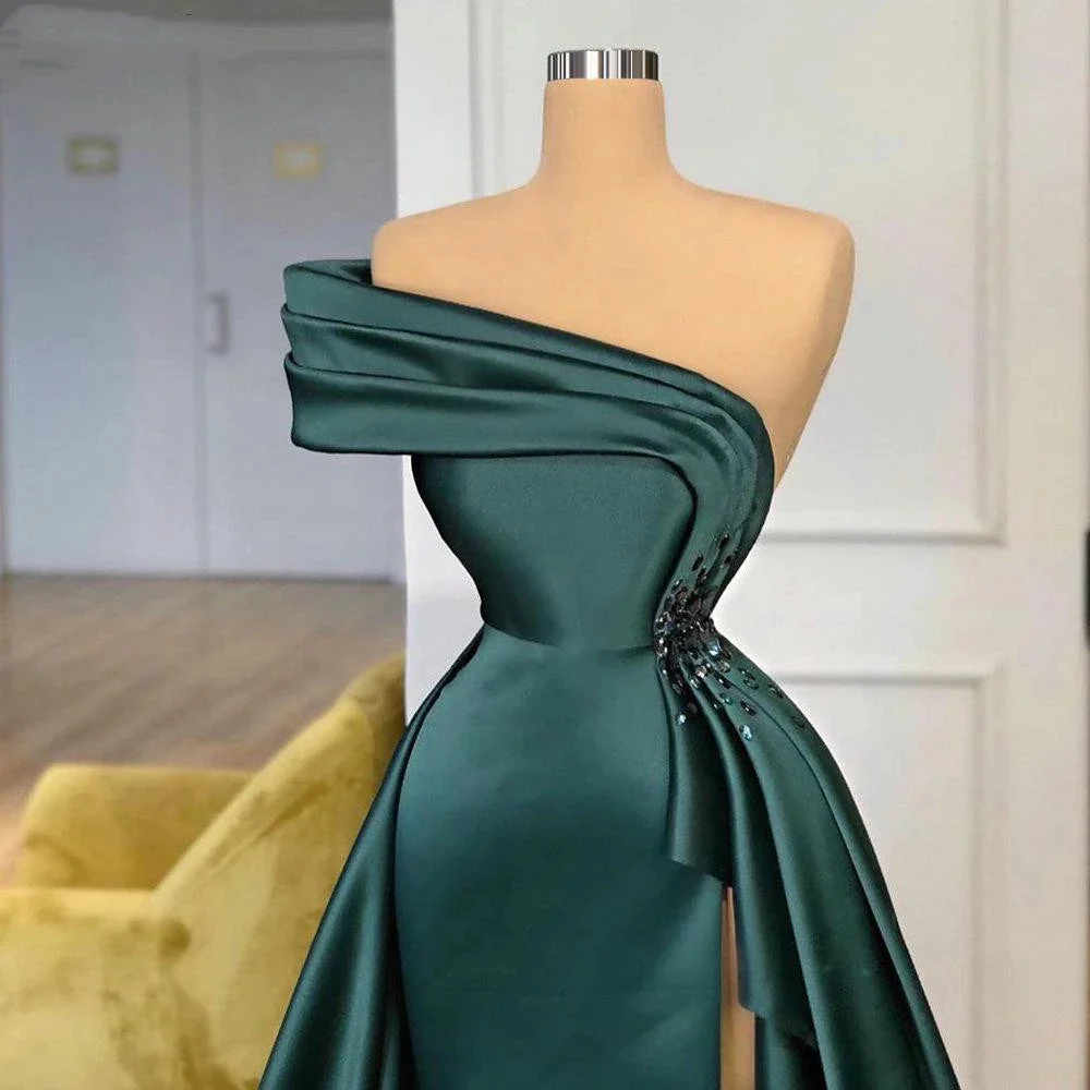 Long Dark Green Satin Prom Dresses Elegant Split Evening Gowns - Image 2