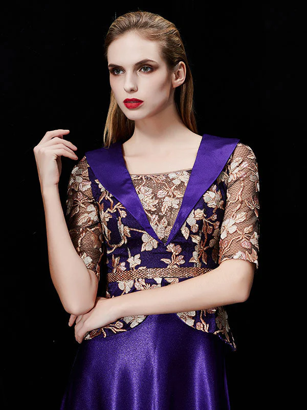 Glamorous Long Evening Dress Satin Mother Dress Embroidered Beading Sash A Line Illusion Half Sleeve Shawl Collar Maxi Wedding Guest Dresses - Image 10