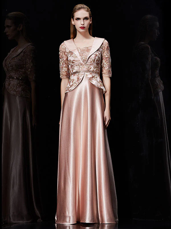 Glamorous Long Evening Dress Satin Mother Dress Embroidered Beading Sash A Line Illusion Half Sleeve Shawl Collar Maxi Wedding Guest Dresses - Image 2