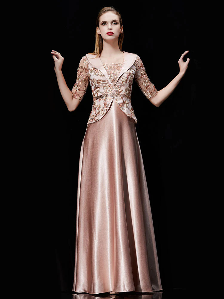 Glamorous Long Evening Dress Satin Mother Dress Embroidered Beading Sash A Line Illusion Half Sleeve Shawl Collar Maxi Wedding Guest Dresses - Image 3