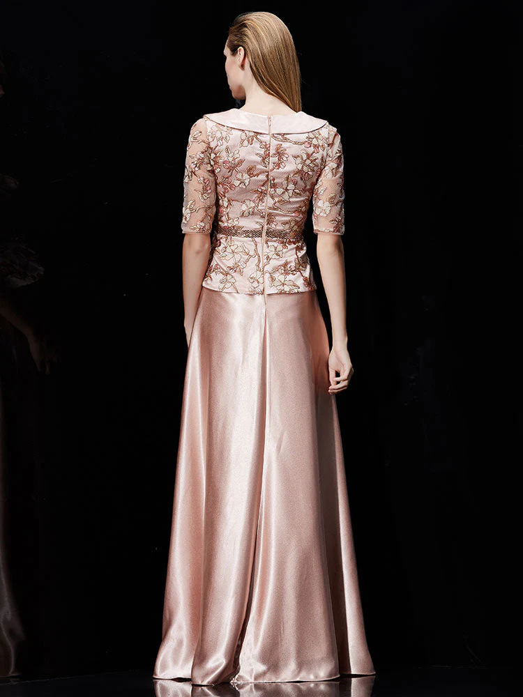 Glamorous Long Evening Dress Satin Mother Dress Embroidered Beading Sash A Line Illusion Half Sleeve Shawl Collar Maxi Wedding Guest Dresses - Image 4