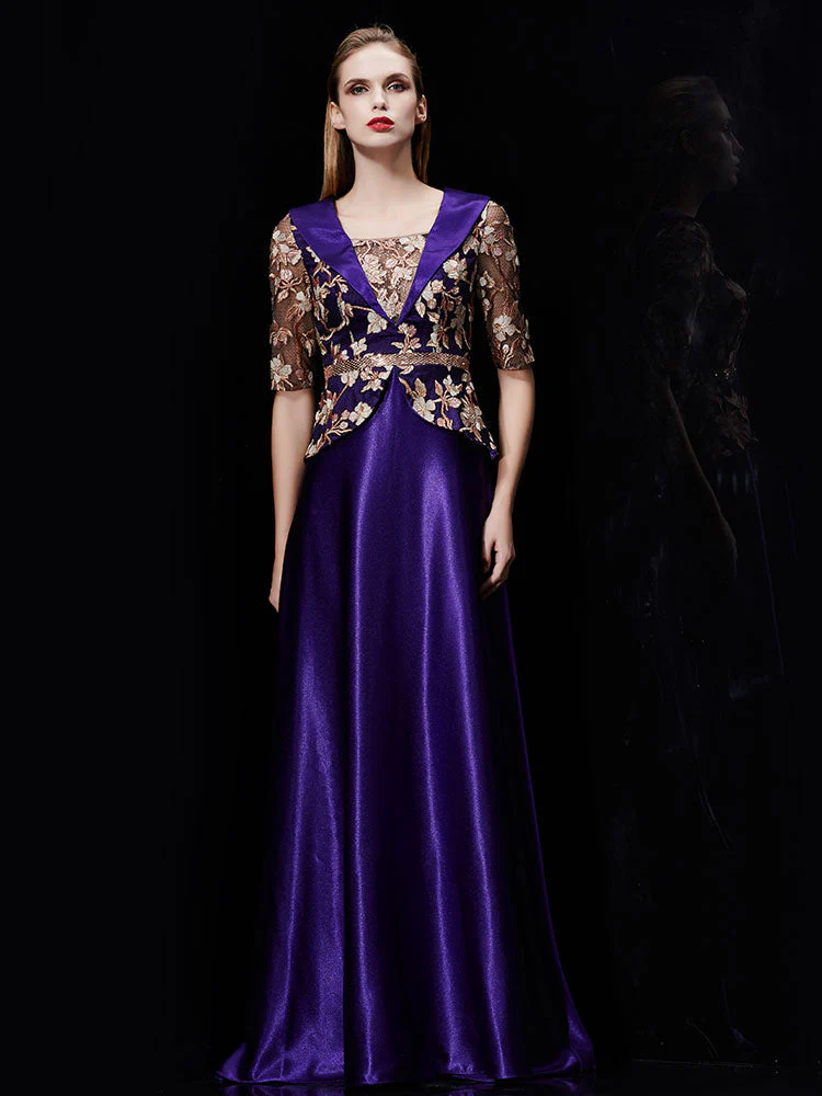 Glamorous Long Evening Dress Satin Mother Dress Embroidered Beading Sash A Line Illusion Half Sleeve Shawl Collar Maxi Wedding Guest Dresses - Image 6