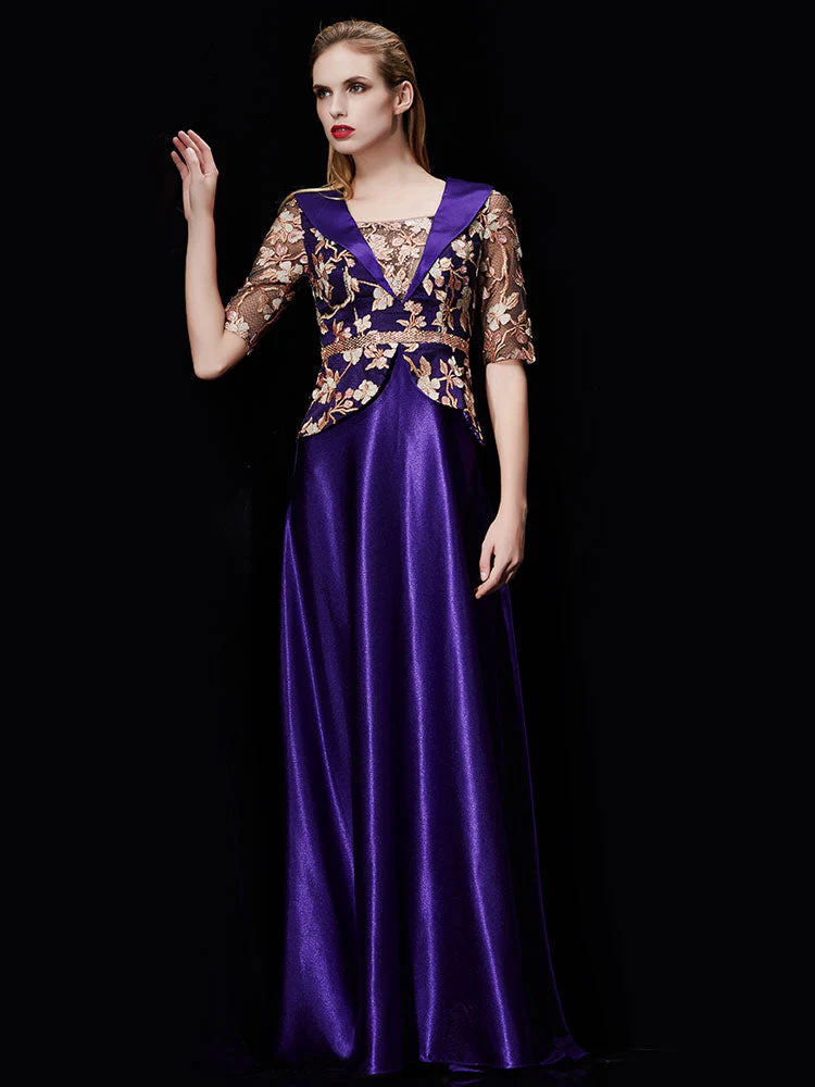 Glamorous Long Evening Dress Satin Mother Dress Embroidered Beading Sash A Line Illusion Half Sleeve Shawl Collar Maxi Wedding Guest Dresses - Image 7