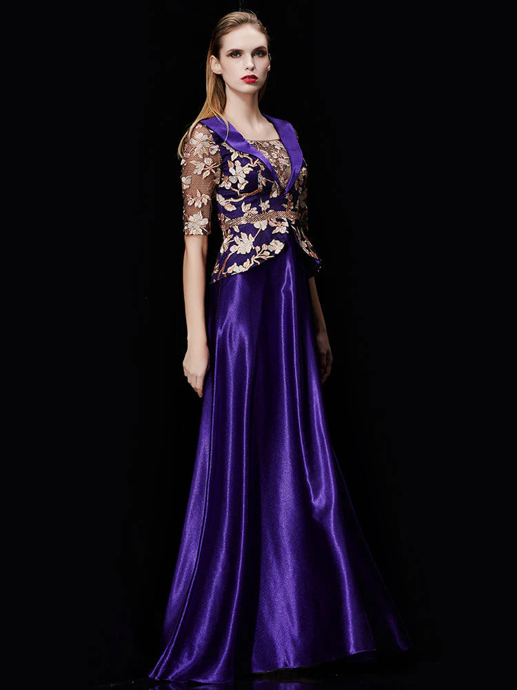 Glamorous Long Evening Dress Satin Mother Dress Embroidered Beading Sash A Line Illusion Half Sleeve Shawl Collar Maxi Wedding Guest Dresses - Image 8