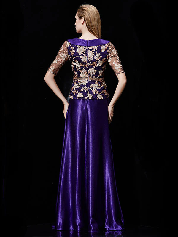 Glamorous Long Evening Dress Satin Mother Dress Embroidered Beading Sash A Line Illusion Half Sleeve Shawl Collar Maxi Wedding Guest Dresses - Image 9