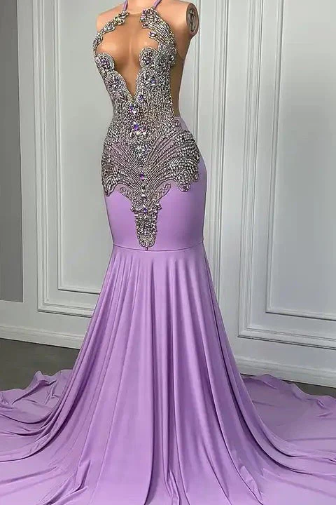 Long Lilac Sleeveless Halter Mermaid Prom Dress With Beadings - Image 2