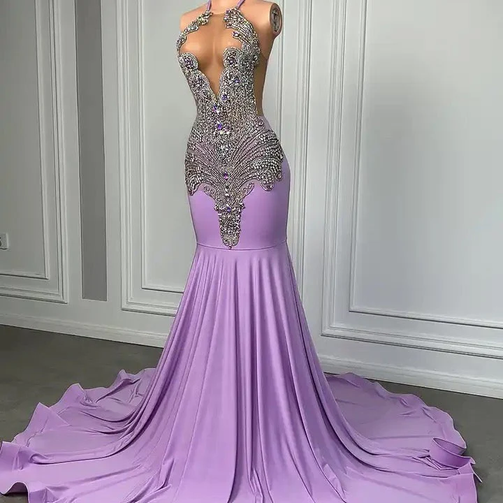 Long Lilac Sleeveless Halter Mermaid Prom Dress With Beadings - Image 3