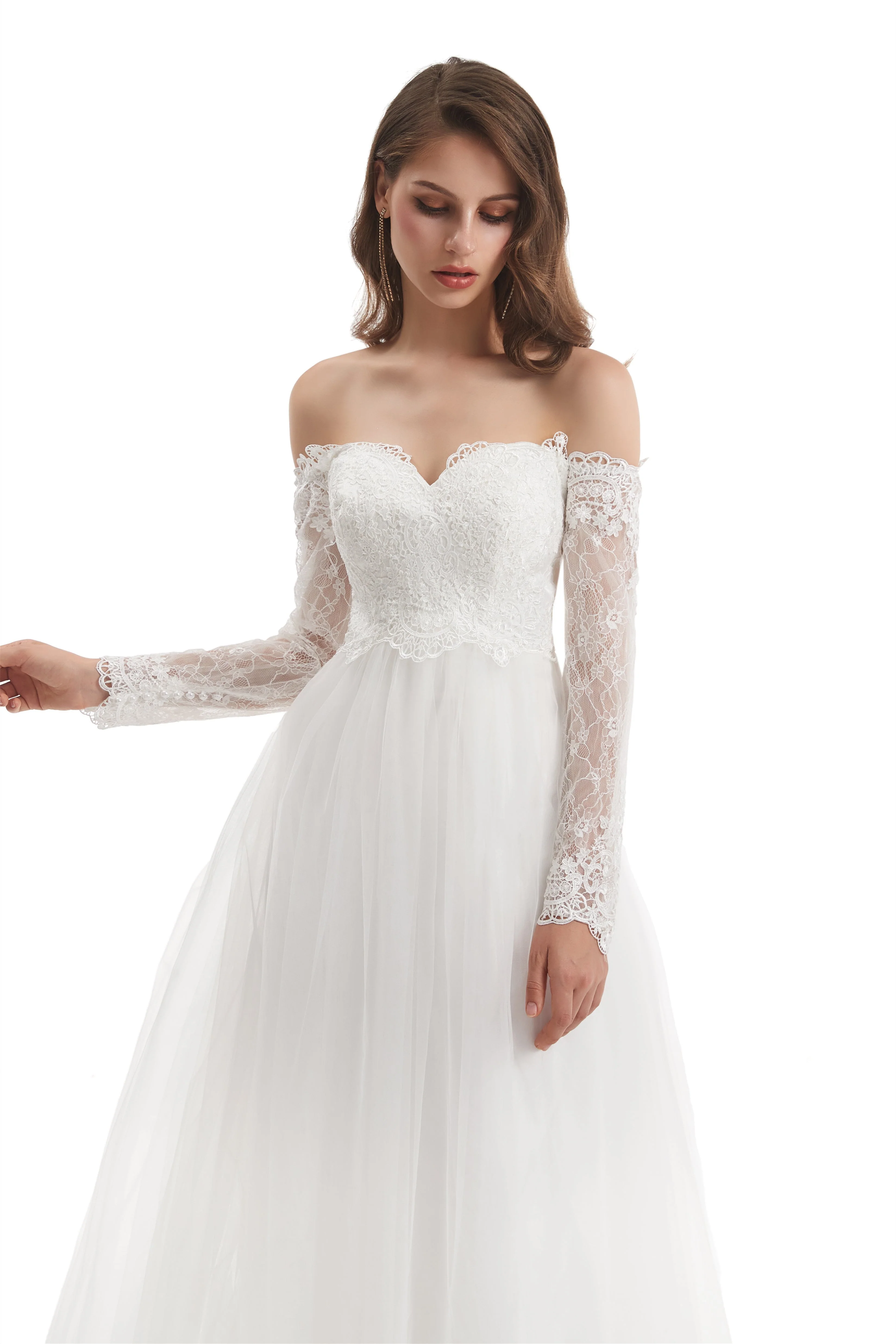 Long Mermaid Sweetheart Strapless Long Sleeve Open Back Appliques Lace Wedding Dress - Image 8