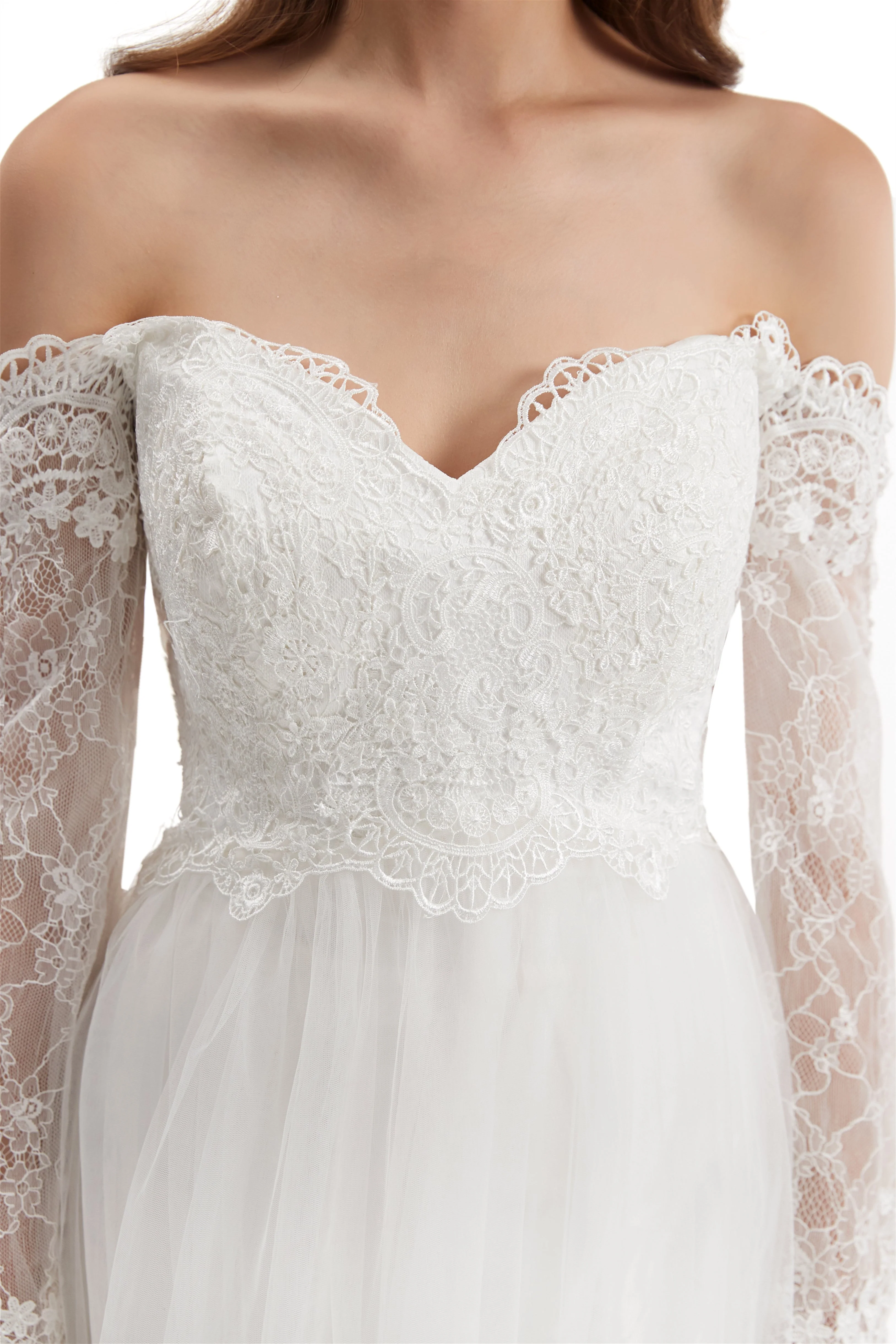 Long Mermaid Sweetheart Strapless Long Sleeve Open Back Appliques Lace Wedding Dress - Image 9