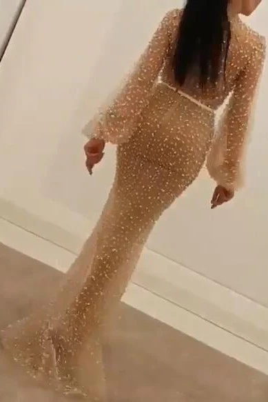 Long Sleeves Modest Mermaid Prom Dress  Long Small Round Collar - Image 3