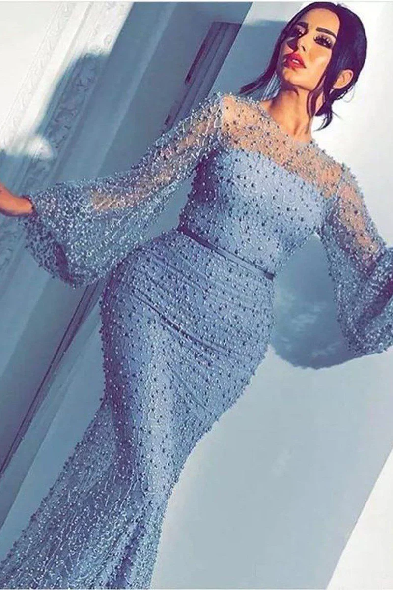 Long Sleeves Modest Mermaid Prom Dress  Long Small Round Collar - Image 4